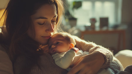 A mother holding her newborn baby in a cozy home setting, with soft natural lighting highlighting the bond between them.の素材