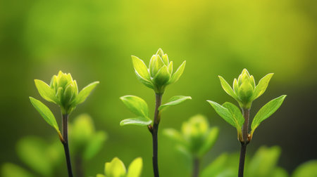 A macro view of small green buds sprouting, with a soft focus green background.の素材