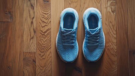 A pair of light blue running shoes on a wooden floor, ready for a morning jog or workout session.の素材
