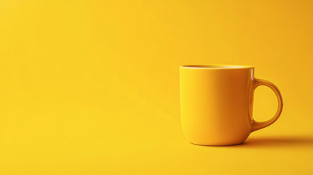 A minimalist composition of a yellow coffee mug on a bright yellow background.の素材