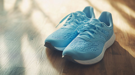 A pair of light blue running shoes on a wooden floor, ready for a morning jog or workout session.の素材
