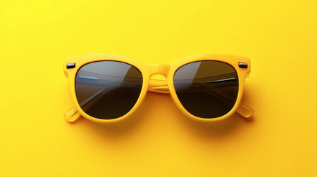 A pair of stylish yellow sunglasses resting on a bright yellow background, giving off a summer vibe.の素材