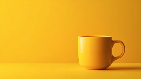 A minimalist composition of a yellow coffee mug on a bright yellow background.の素材