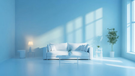 A modern minimalist living room with light blue walls, white furniture, and soft lighting for a calming atmosphere.の素材