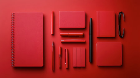 A minimalist flat lay of red stationery items arranged neatly on a red background.の素材