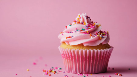 A pastel pink cupcake with sprinkles placed on a matching pink background, perfect for a sweet treat theme.の素材