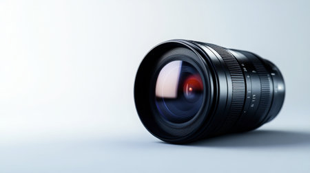 A modern camera lens resting on a white background, its dark glass and metallic elements creating a sleek, minimalist image.の素材