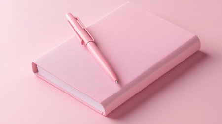 A pastel pink notebook with a matching pen resting on a pink background, symbolizing creativity and planning.の素材