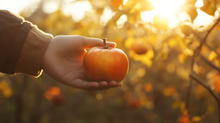 A person enjoying a fresh persimmon in an outdoor setting, with a blurred background of trees and golden sunlight filtering through.の素材