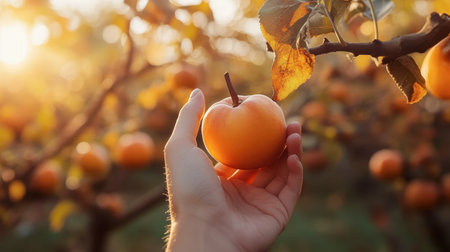 A person enjoying a fresh persimmon in an outdoor setting, with a blurred background of trees and golden sunlight filtering through.の素材