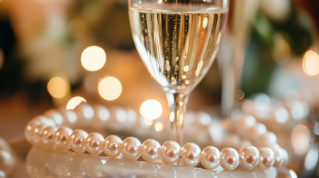 A pearl bracelet draped over a glass of champagne at a glamorous event, creating an image of luxury and celebration.の素材