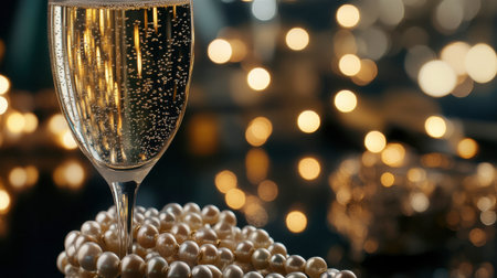 A pearl bracelet draped over a glass of champagne at a glamorous event, creating an image of luxury and celebration.の素材