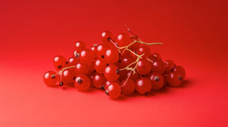 A pile of red berries clustered together on a solid red background, highlighting their freshness.の素材