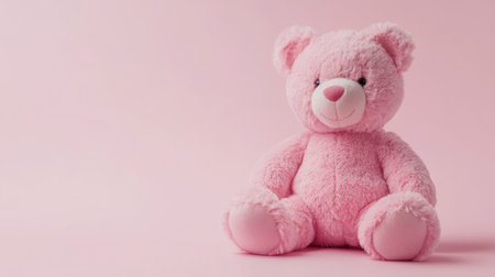 A pink teddy bear sitting on a light pink background, symbolizing childhood and affection.の素材