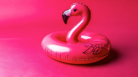 A pink flamingo-shaped pool float resting on a bright pink background, perfect for summer fun.の素材