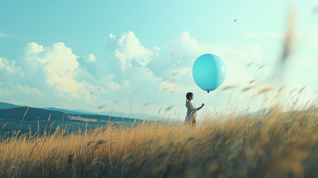 A person holding a light blue balloon in a field of tall grass, with the wind gently blowing through the scene.の素材