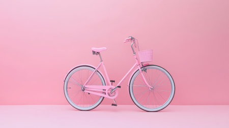 A pink bicycle standing against a pastel pink background, perfect for a fun and trendy vibe.の素材