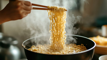 A person holding a pot of boiling instant noodles, with steam rising and chopsticks ready to serve the noodles into a bowl.の素材