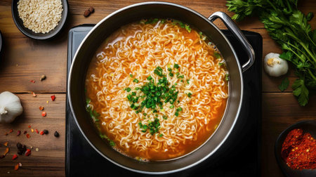 A pot of boiling instant noodles on a rustic wooden stove, with seasoning and chopped vegetables on the side.の素材