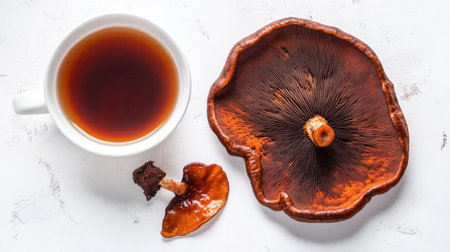 A Reishi mushroom tea infusion displayed alongside a fresh Reishi on a white background, highlighting its health benefits.の素材