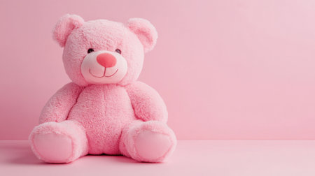 A pink teddy bear sitting on a light pink background, symbolizing childhood and affection.の素材