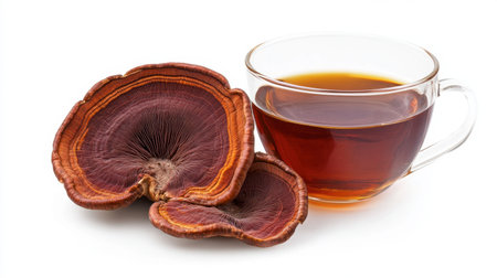 A Reishi mushroom tea infusion displayed alongside a fresh Reishi on a white background, highlighting its health benefits.の素材