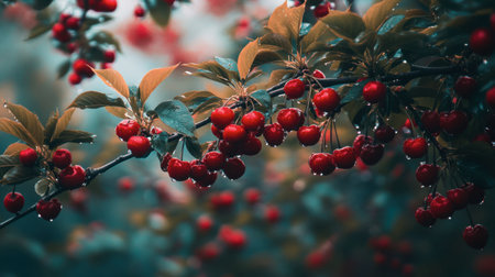 A scenic shot of cherry trees in full bloom, their branches heavy with fruit, creating a vibrant contrast between the deep red cherries and the green leaves.の素材