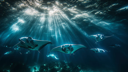 A school of manta rays gracefully swimming through the clear waters of the Maldives, with rays of sunlight filtering through the ocean.の素材