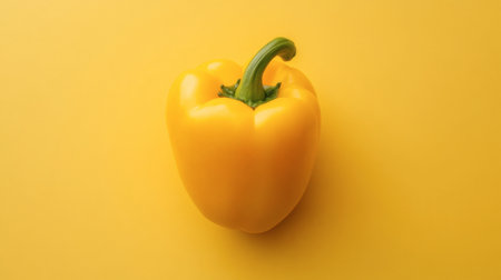 A single bright yellow bell pepper in the center of a smooth yellow backdrop, creating a monochrome look.の素材