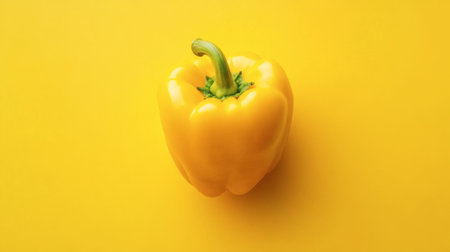 A single bright yellow bell pepper in the center of a smooth yellow backdrop, creating a monochrome look.の素材