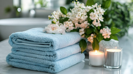 A stack of folded light blue towels on a bathroom counter, next to fresh flowers and a scented candle.の素材