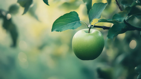 A single green apple placed against a soft, green blurred backdrop of leaves.の素材