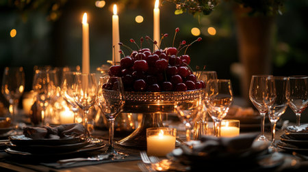 A romantic setting of a candle-lit dinner table with a cherry-themed dessert centerpiece, surrounded by wine glasses and elegant tableware.の素材