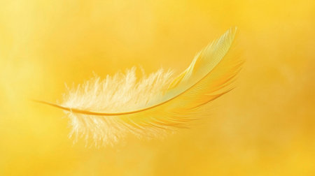 A single yellow feather floating gently against a soft yellow background.の素材