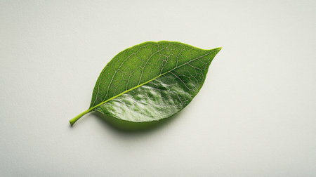 A single vibrant green leaf lying flat on a white background, creating a striking contrast and focus on natures beauty.の素材