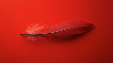 A single red feather against a bright red backdrop, its texture standing out.の素材