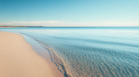 A serene beach with clear light blue waters gently lapping against the shore, reflecting the cloudless sky above.の素材