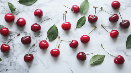 A vibrant flat lay of red cherries scattered on a white marble countertop, some with stems and leaves still attached, creating a beautiful contrast.の素材