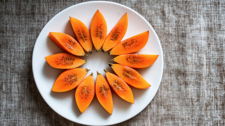 A top-down view of a sliced persimmon arranged beautifully on a white plate, showcasing the unique star-shaped interior of the fruit.の素材