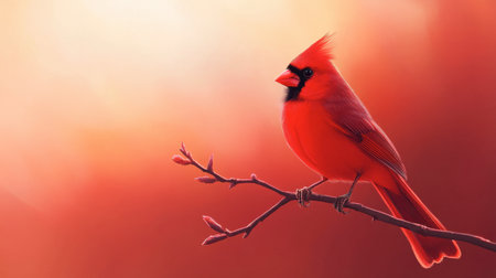 A vibrant red cardinal bird perched on a branch against a soft red background, blending beautifully.の素材
