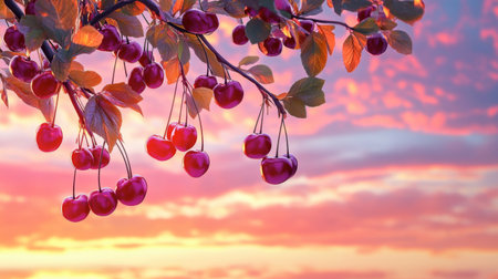 A whimsical scene of cherries hanging from a tree branch with the sunset sky in the background, highlighting the deep red color of the fruit against a glowing horizon.の素材
