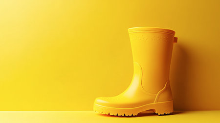 A yellow rubber rain boot standing against a bold yellow background with clean lines.の素材