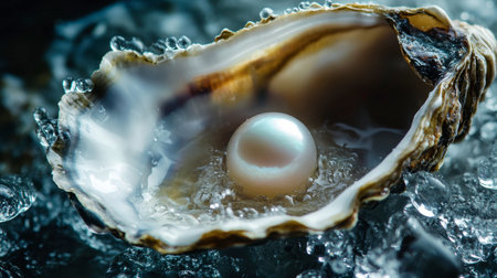 An open oyster revealing a single, perfectly round pearl inside, with water droplets glistening on the shell.の素材