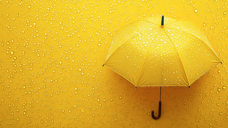 A yellow umbrella with raindrops cascading off it, contrasting with a vivid yellow background.の素材