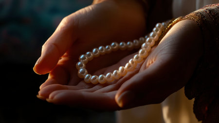 A woman gently holding a pearl necklace in her hands, with the soft light reflecting off the pearls' smooth surfaces.の素材