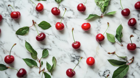 A vibrant flat lay of red cherries scattered on a white marble countertop, some with stems and leaves still attached, creating a beautiful contrast.の素材