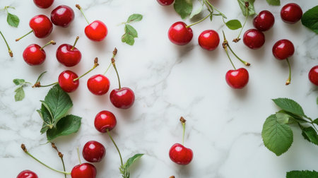 A vibrant flat lay of red cherries scattered on a white marble countertop, some with stems and leaves still attached, creating a beautiful contrast.の素材