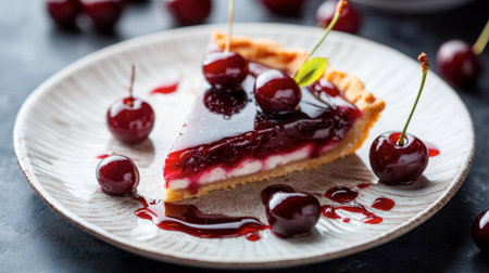 An elegant dessert plate featuring a slice of cherry tart, garnished with fresh cherries and a drizzle of syrup, served in a chic restaurant setting.の素材