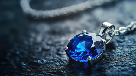 A vibrant blue sapphire gemstone sparkling on a silver chain, its color deep and alluring.の素材