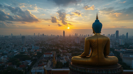 The famous Golden Buddha statue at Wat Traimit, standing tall amidst Bangkok's urban landscape.の素材